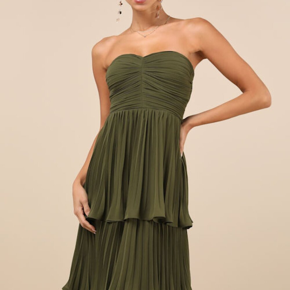 NWTLulus Seriously Sensational Olive Green Strapless Tiered Maxi Dress - Size L